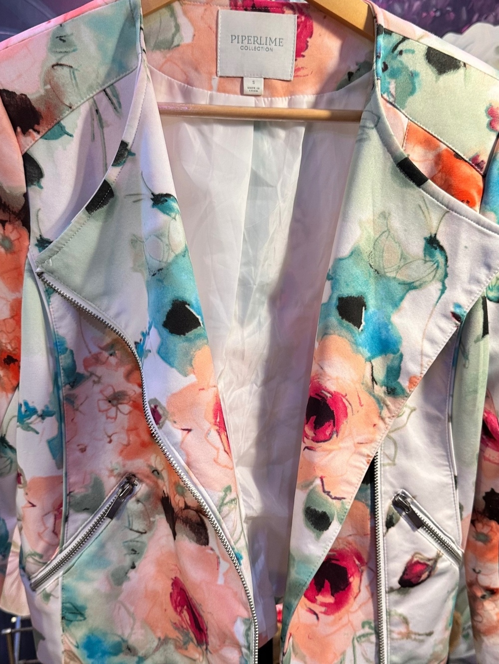 Piperlime S Floral Moto Jacket Watercolor Print Lined Asymmetric Zip Pockets